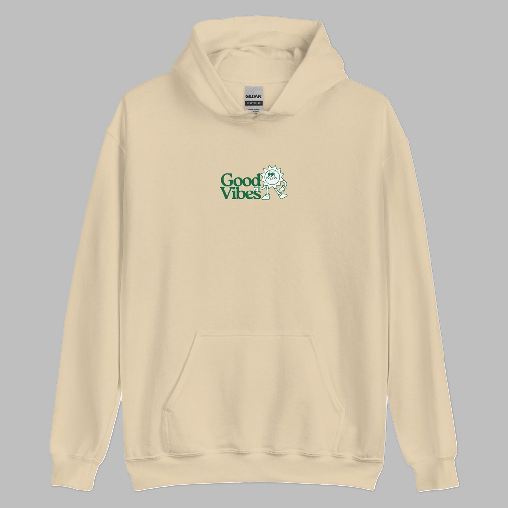 Sand beige pullover hoodie with green Good Vibes chest print and front pouch pocket