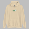 Sand beige pullover hoodie with green Good Vibes chest print and front pouch pocket