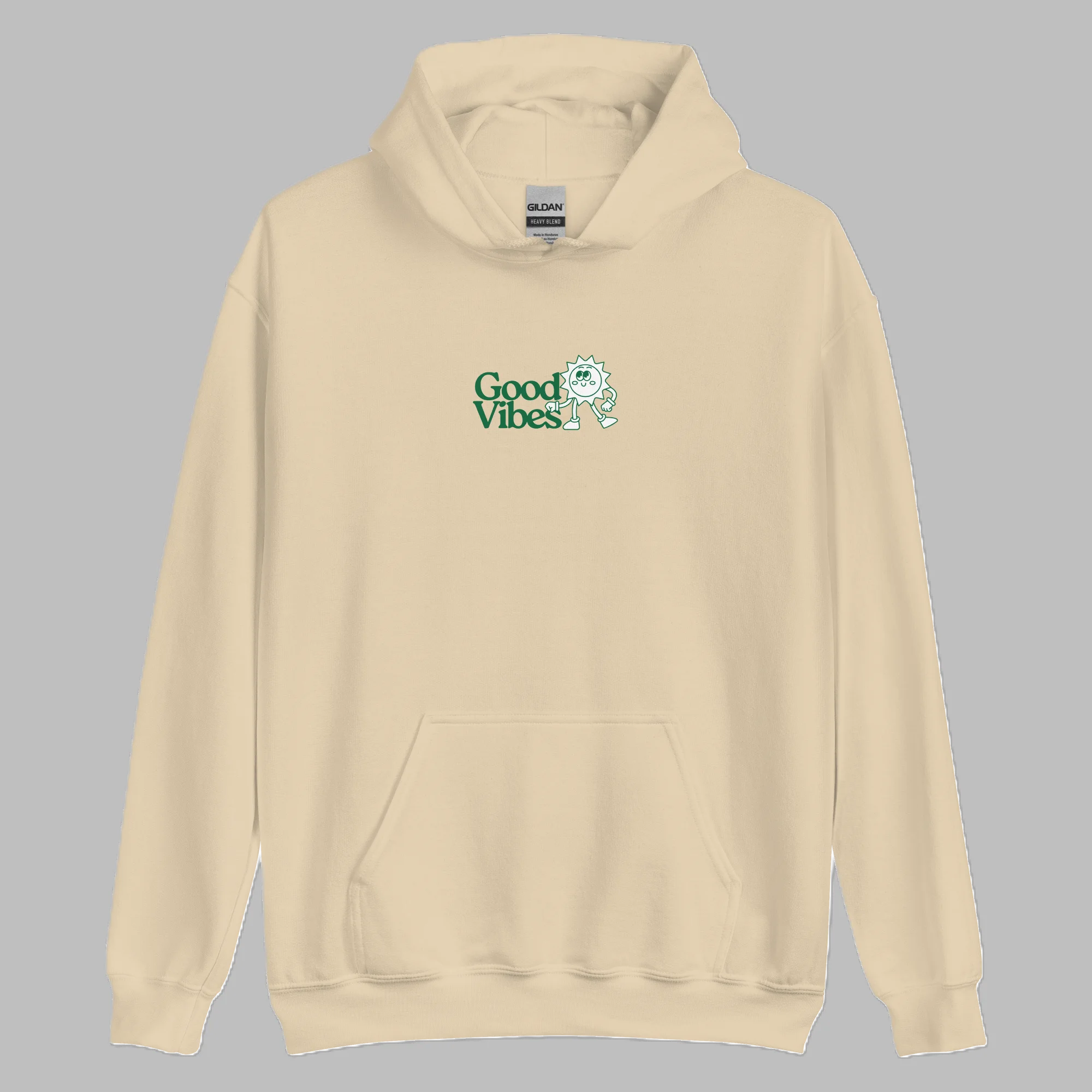 Sand beige pullover hoodie with green Good Vibes chest print and front pouch pocket