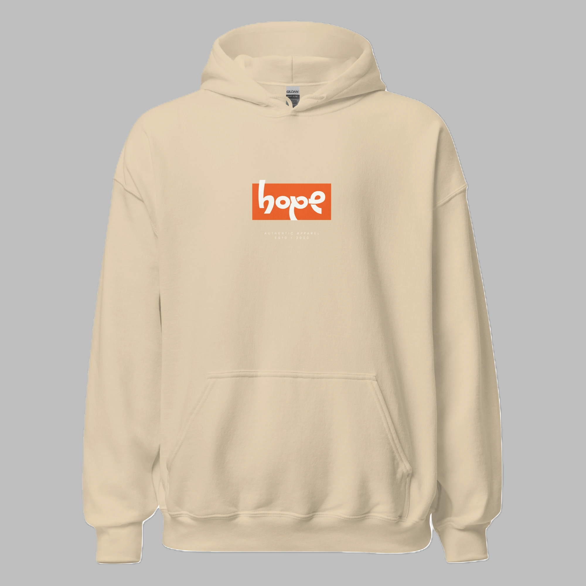 Front view of a sand-colored pullover hoodie with a central orange box logo containing the white text 'hope'. Perfectly legible subtext below reads: 'ESTABLISHED IN 2023 / SYMBOL OF RESILIENCE'. Detailed fabric texture and clean stitching visible against a light grey background.