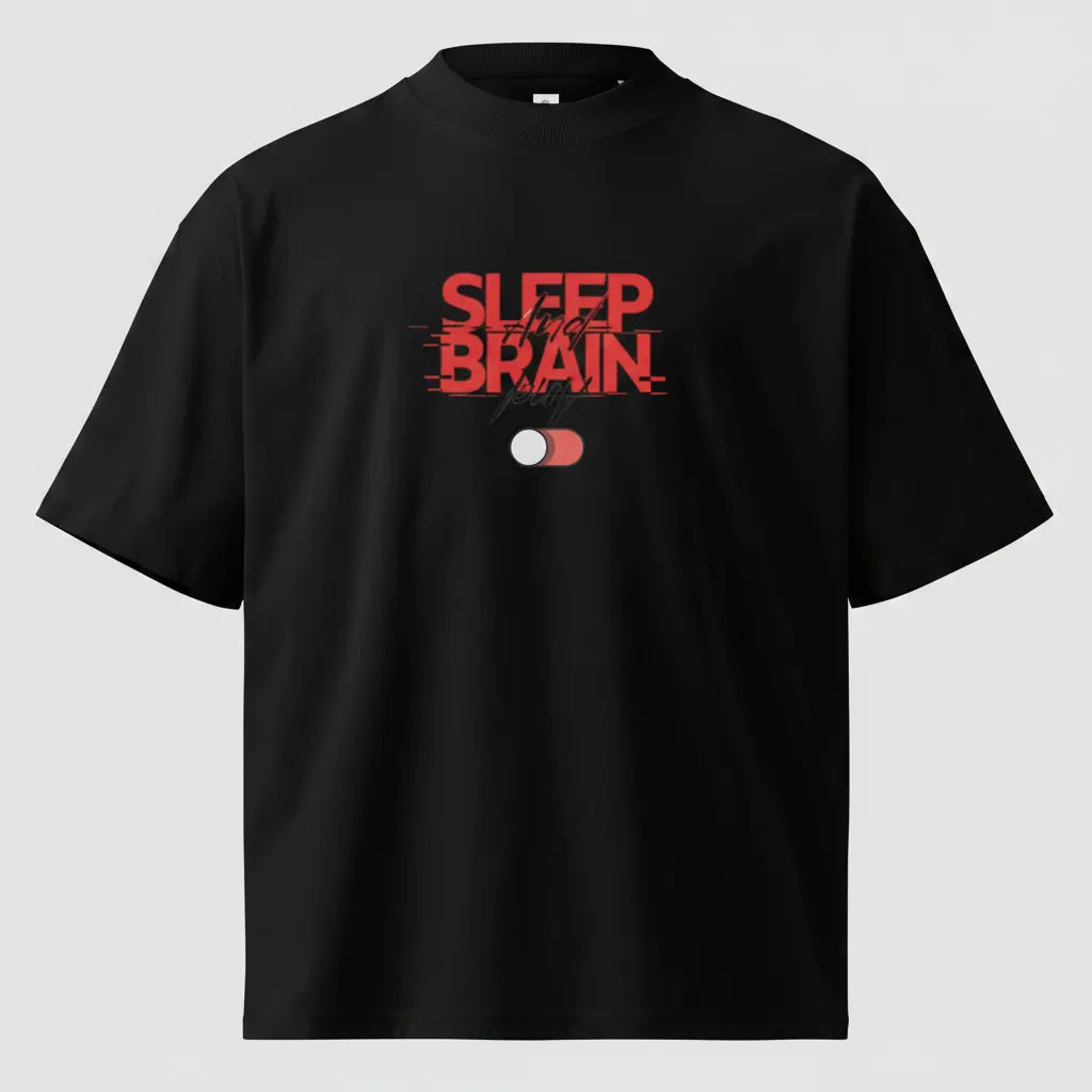 Front flat view of the oversized black organic cotton t-shirt. The chest features the prominent red Sleep and Brain typography with a toggle switch graphic.