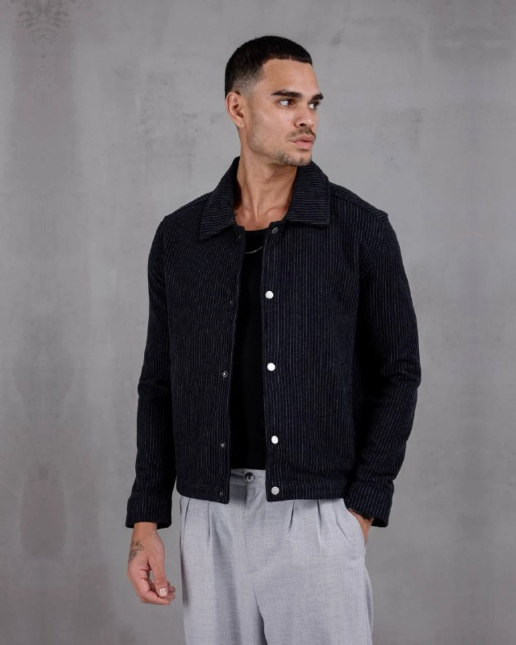 Recycled Knit Snap Button Shirt Jacket in black, photo 1