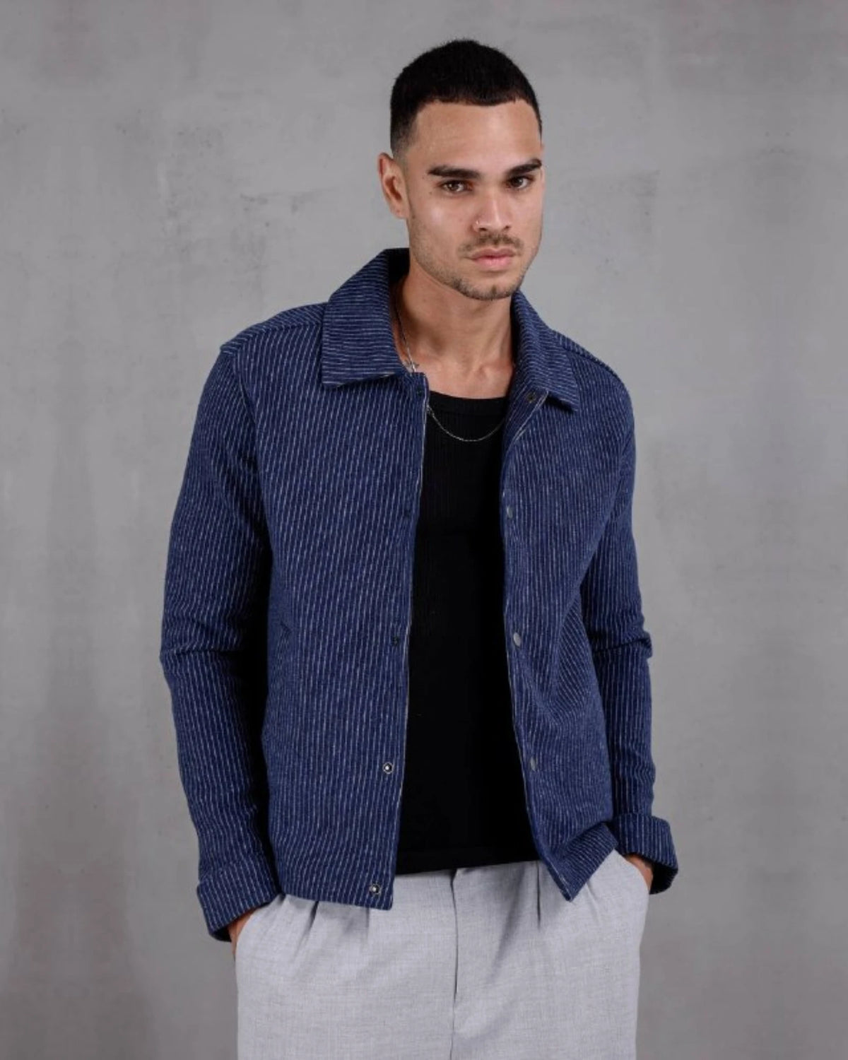 Recycled Knit Snap Button Shirt Jacket in navy, photo 1