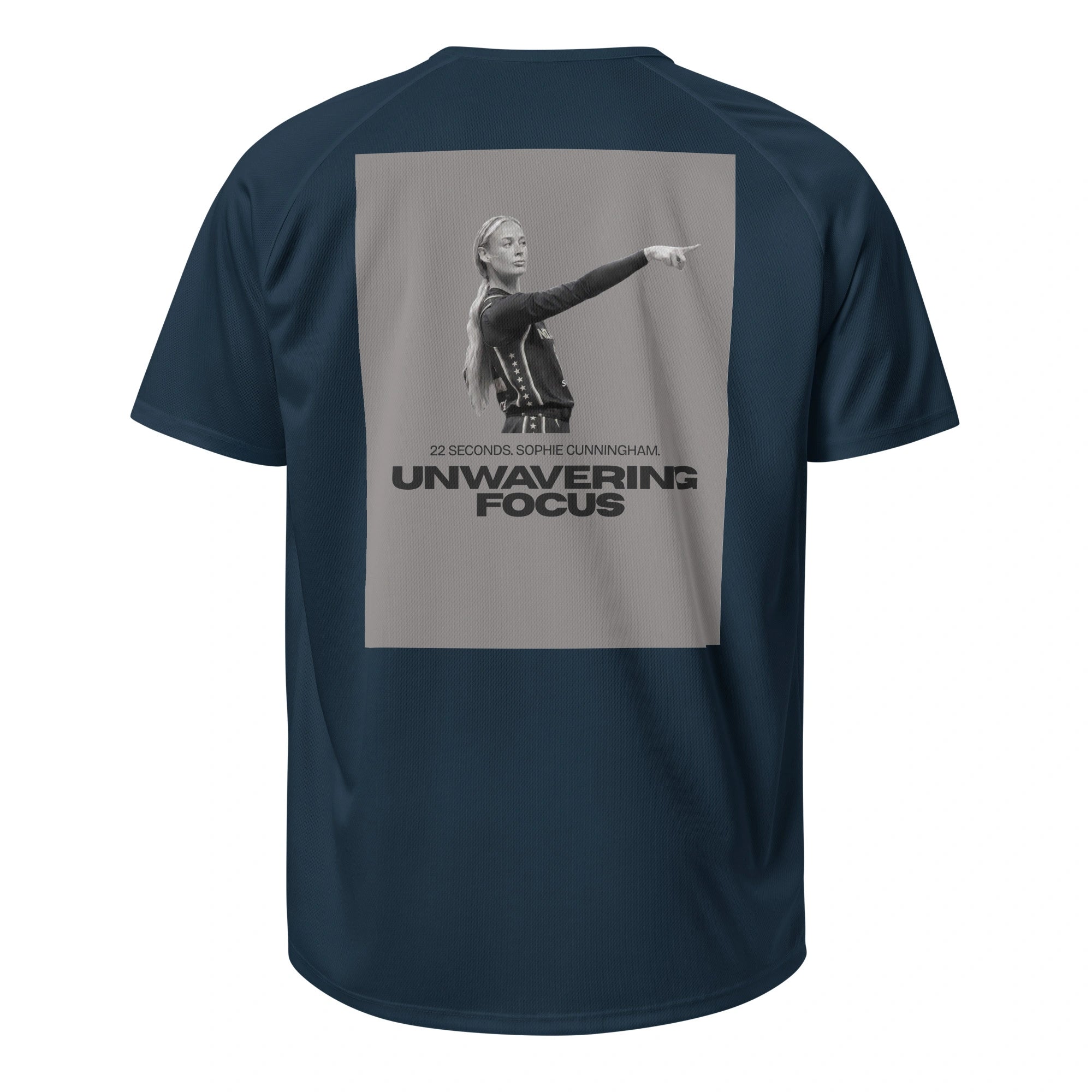 Flat lay of a french navy blue unisex sports jersey featuring the viral pointing graphic on the back.