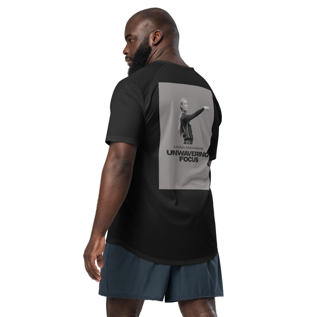 Back view of a man wearing a black basketball jersey featuring the viral 22 seconds Sophie Cunningham pointing meme.
