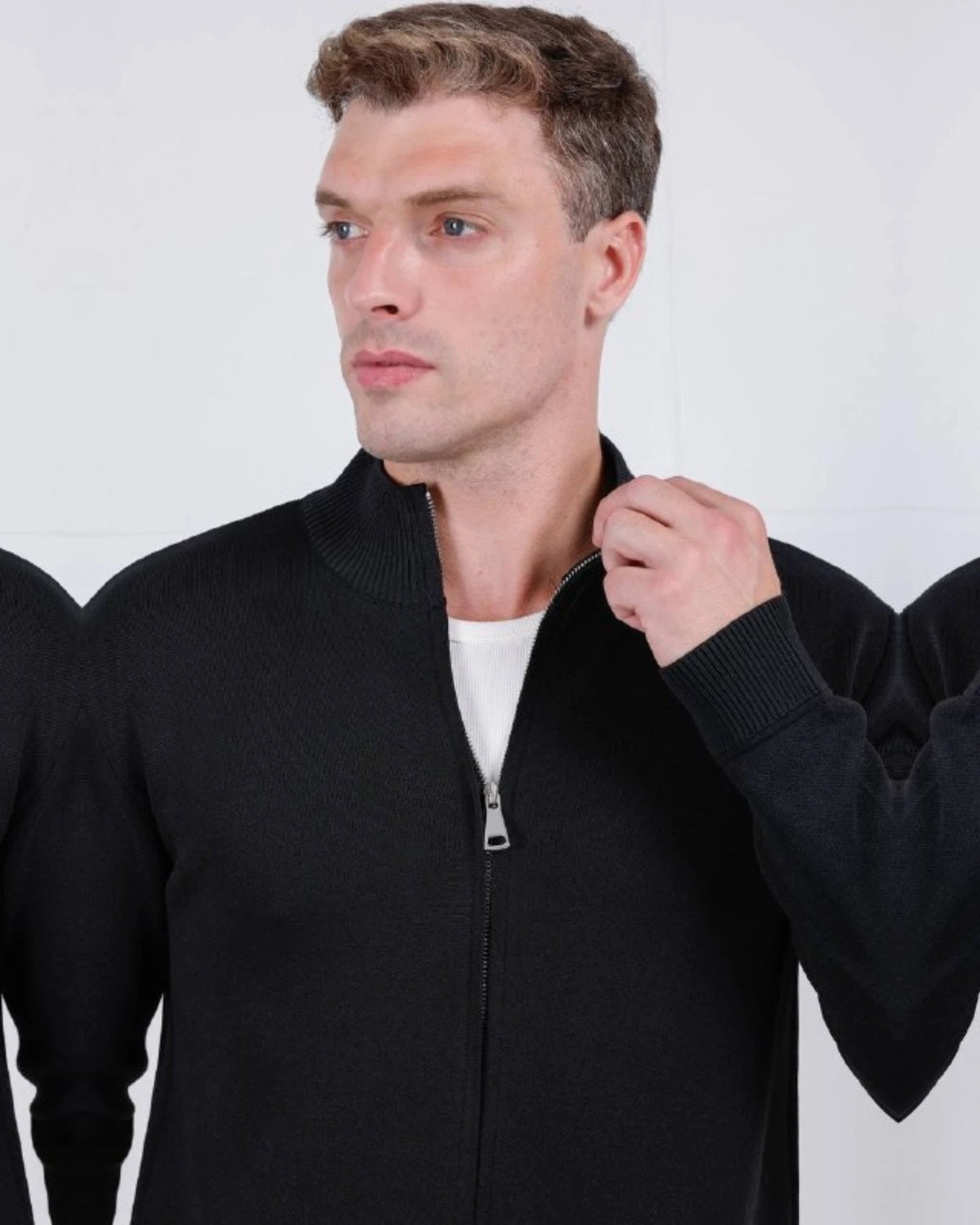 Stand Collar Zip Knit Cardigan in black, photo 2