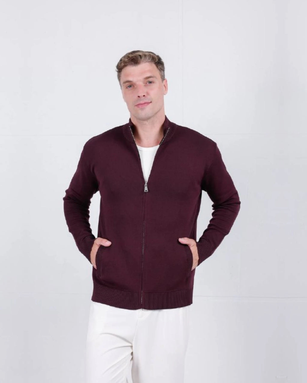 Stand Collar Zip Knit Cardigan in burgundy, photo 1