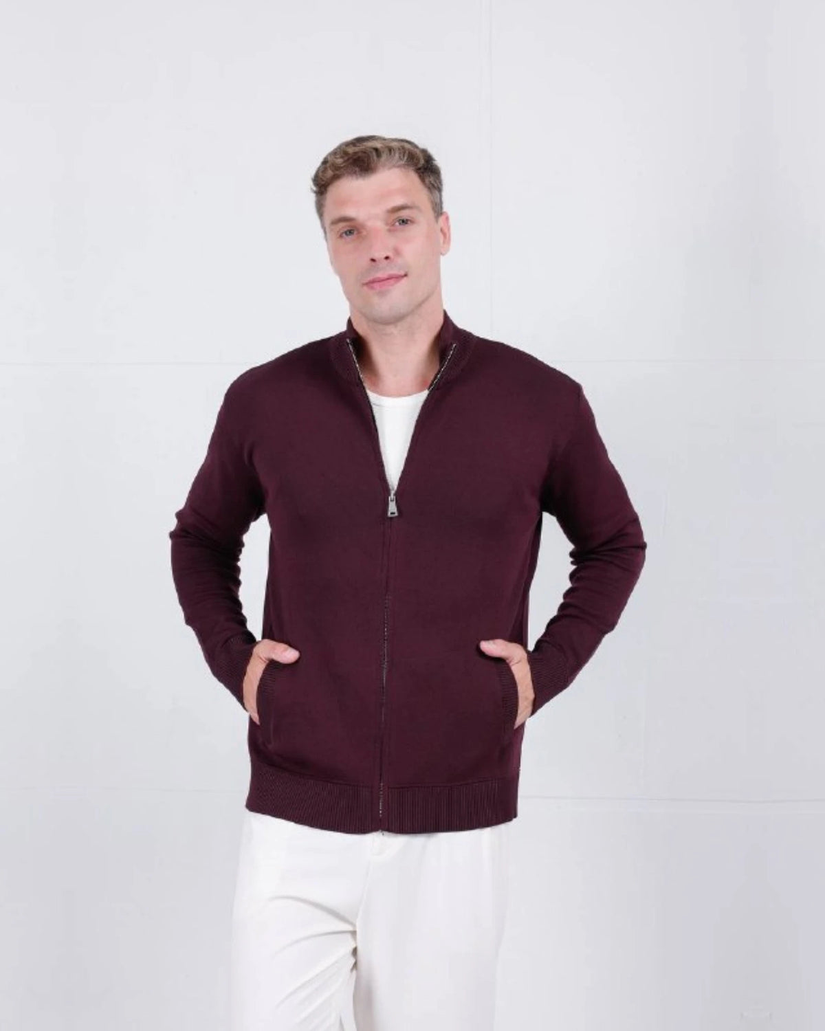 Stand Collar Zip Knit Cardigan in burgundy, photo 1