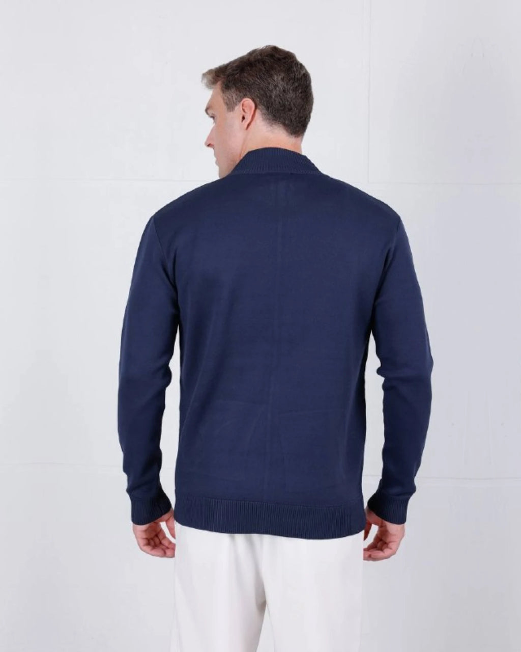 Stand Collar Zip Knit Cardigan in navy, photo 2