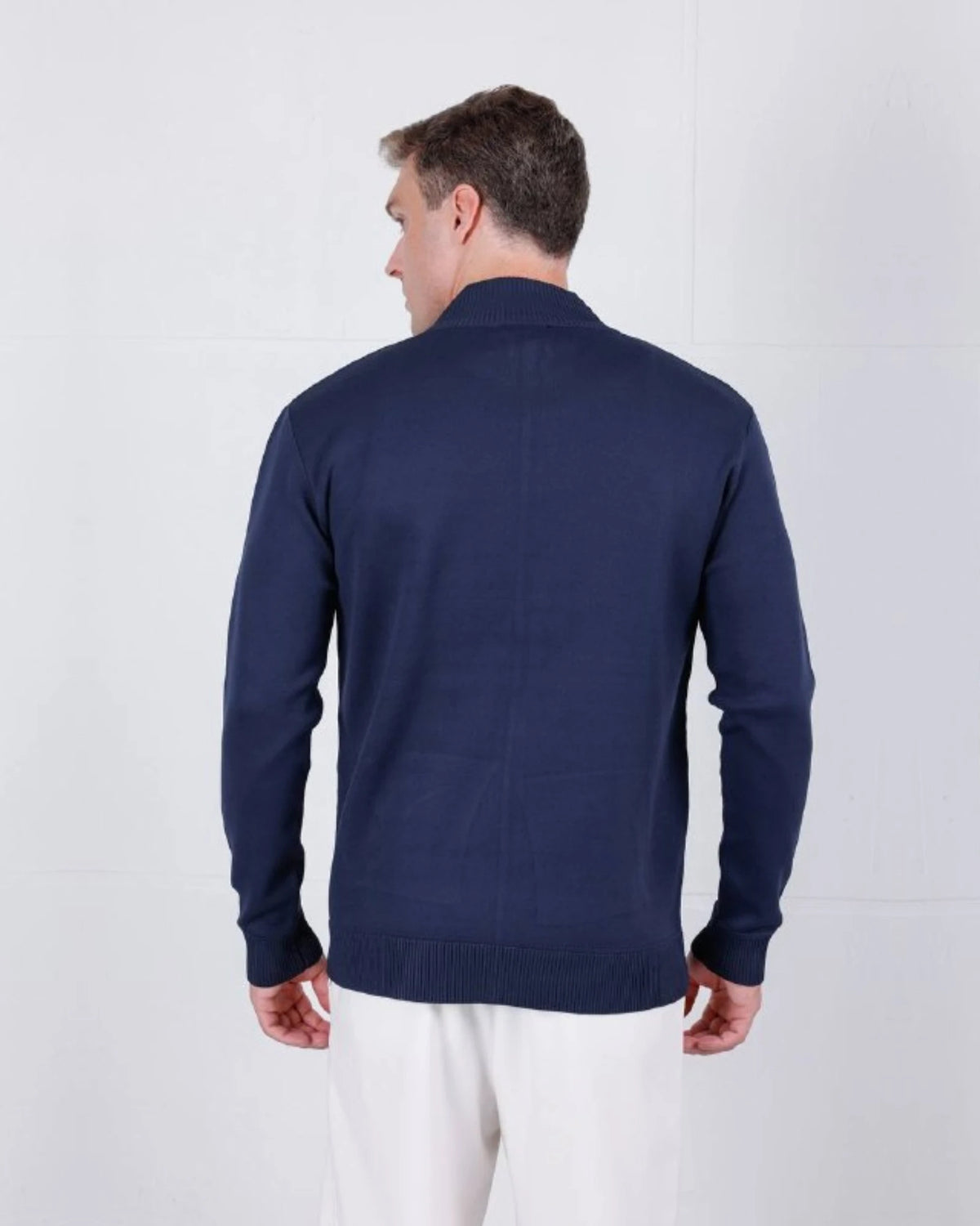 Stand Collar Zip Knit Cardigan in navy, photo 2