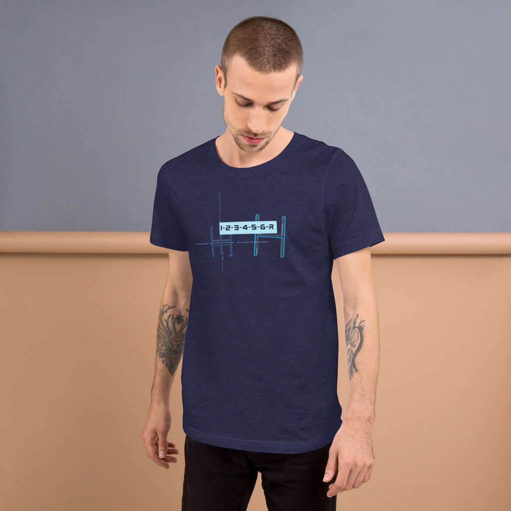 Tattooed male model wearing a navy blue 6-speed manual transmission blueprint stick shift car enthusiast graphic t-shirt
