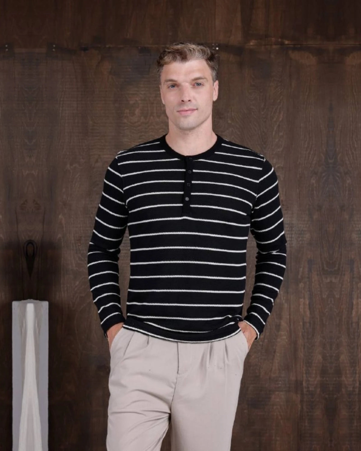 Striped Piqué Henley Sweatshirt in black, photo 1