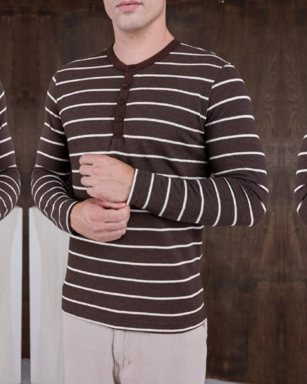 Striped Piqué Henley Sweatshirt in brown, photo 1