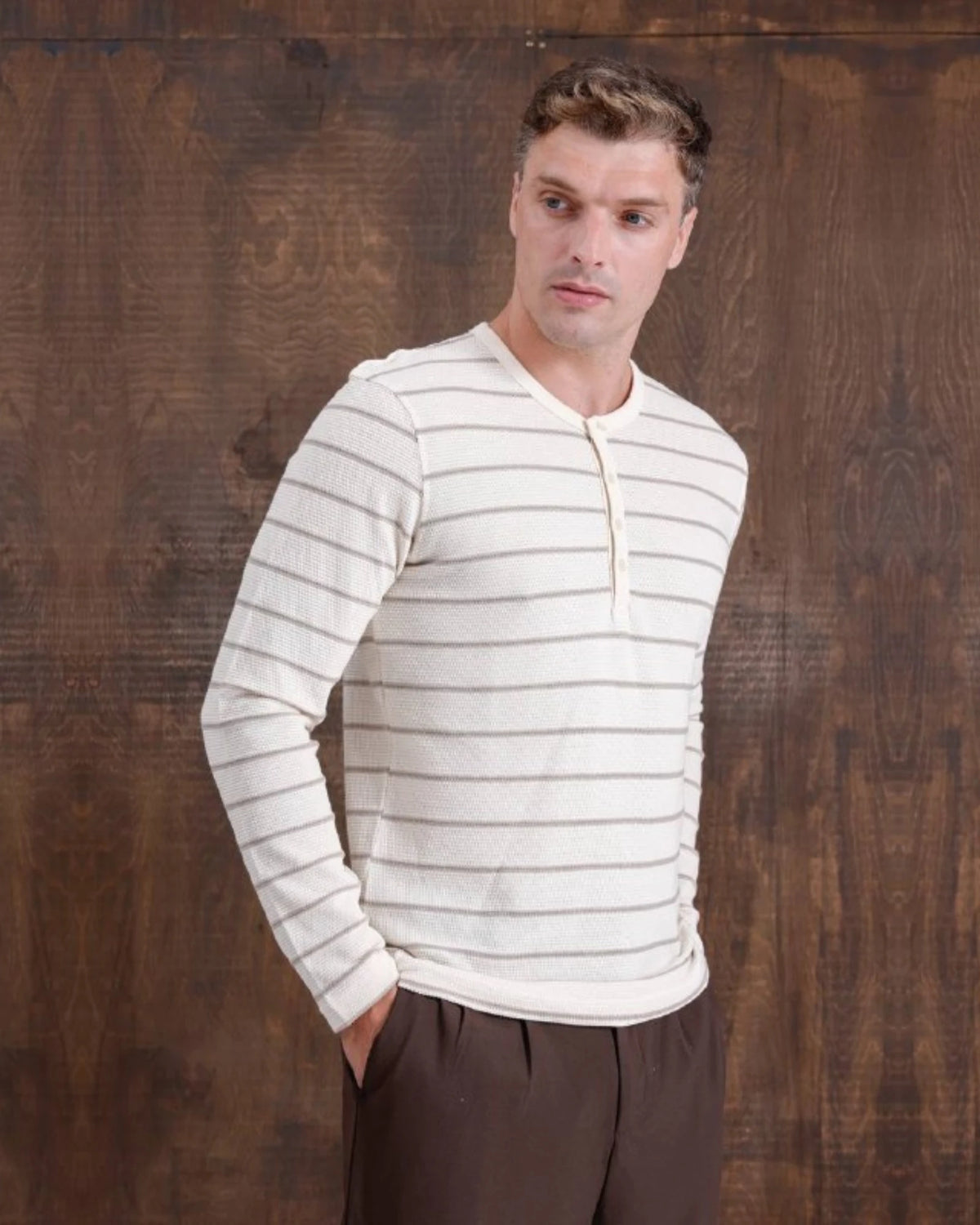 Striped Piqué Henley Sweatshirt in ecru, photo 1