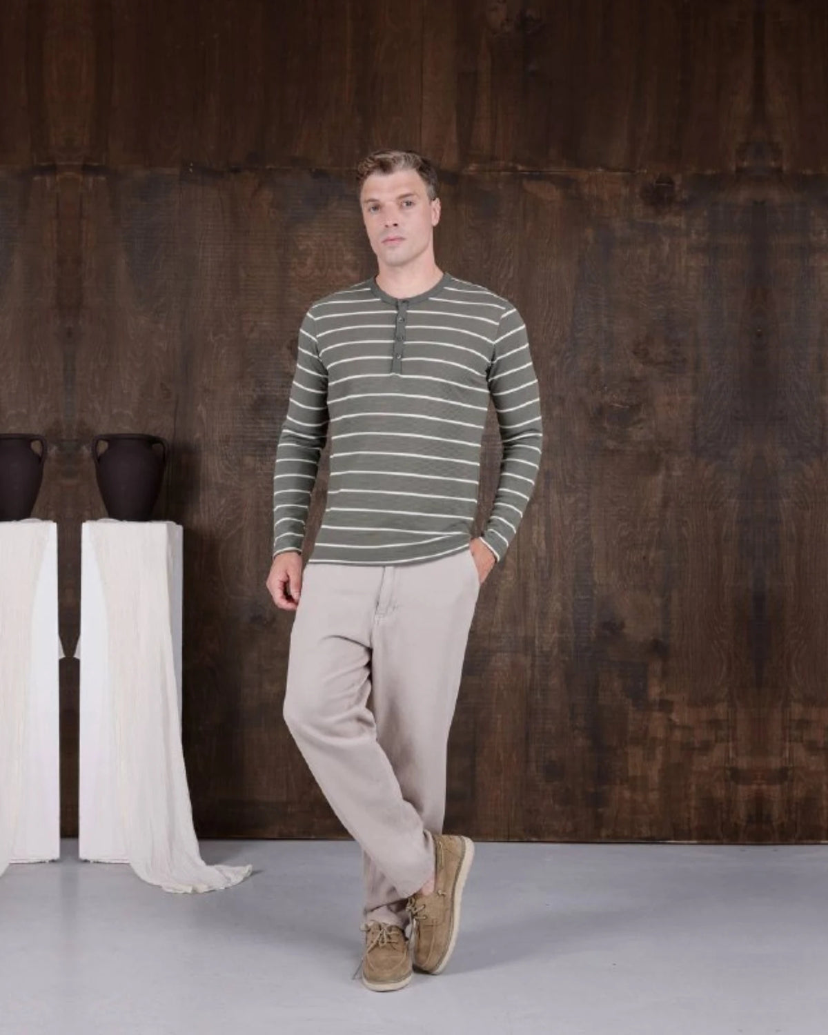 Striped Piqué Henley Sweatshirt in khaki, photo 1