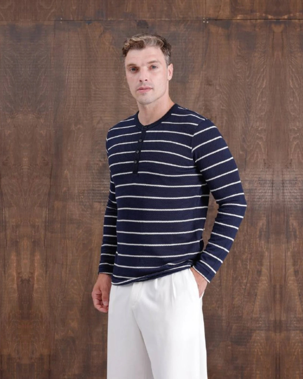 Striped Piqué Henley Sweatshirt in navy, photo 1