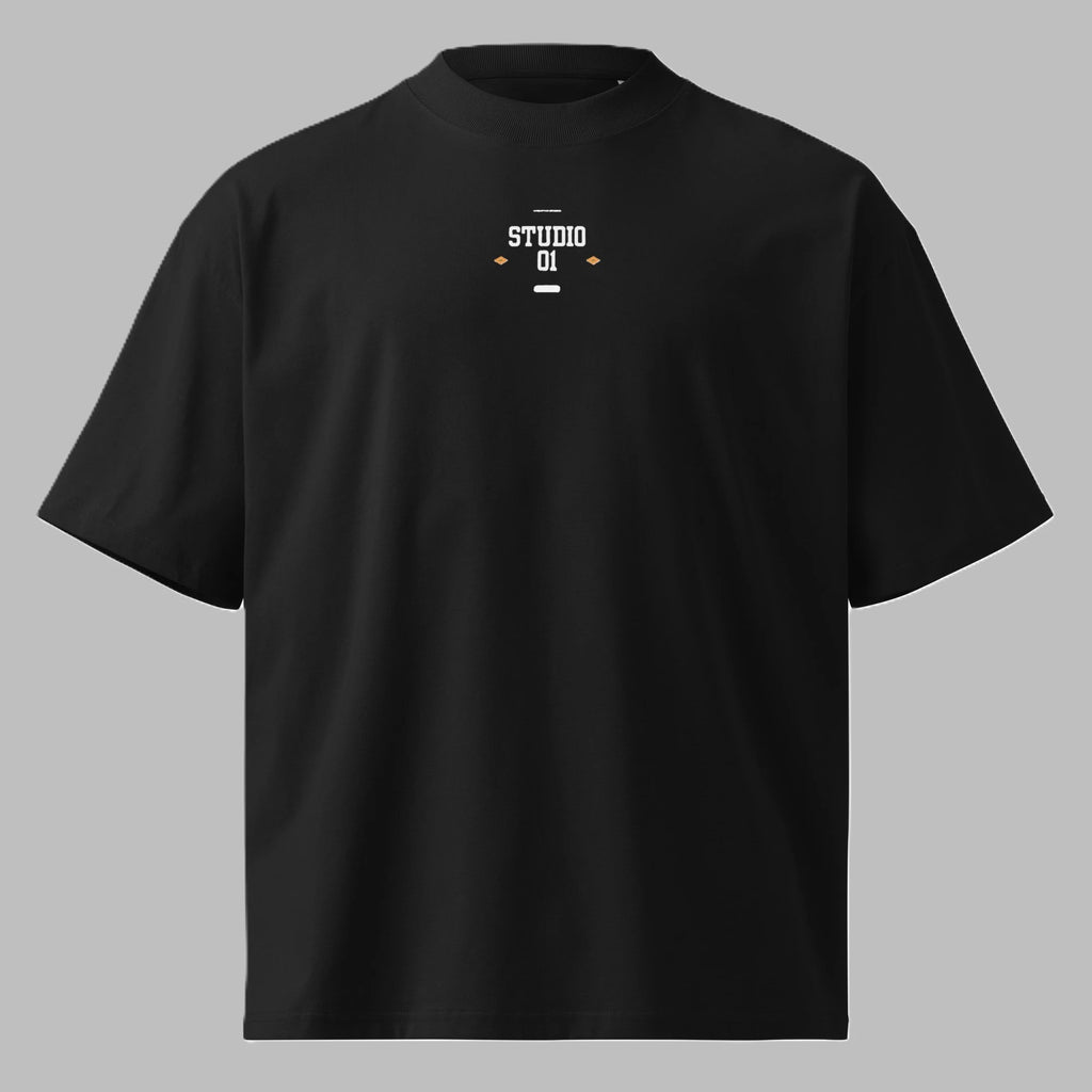Men's black oversized organic cotton t-shirt with Studio 01 chest logo print
