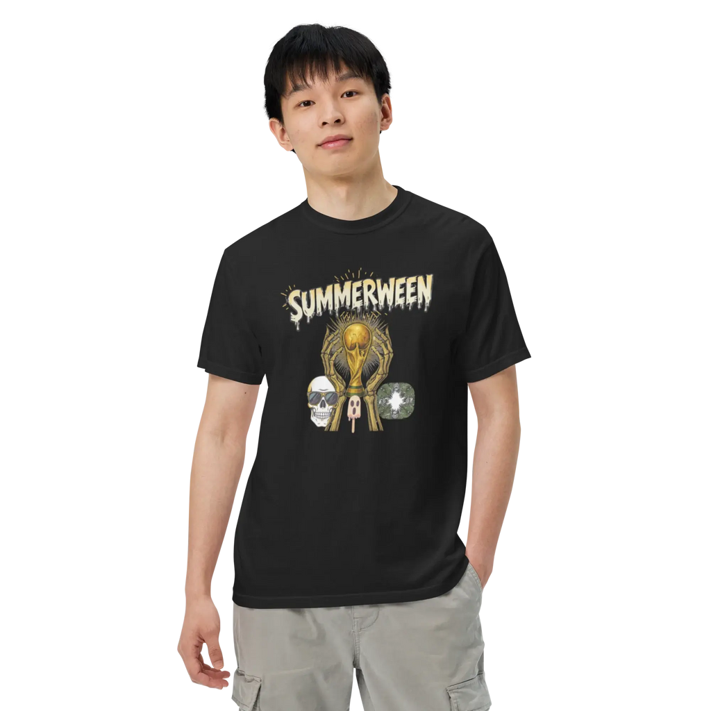 Summerween Skeleton and Trophy Graphic Unisex Garment-Dyed Heavyweight T-Shirt.