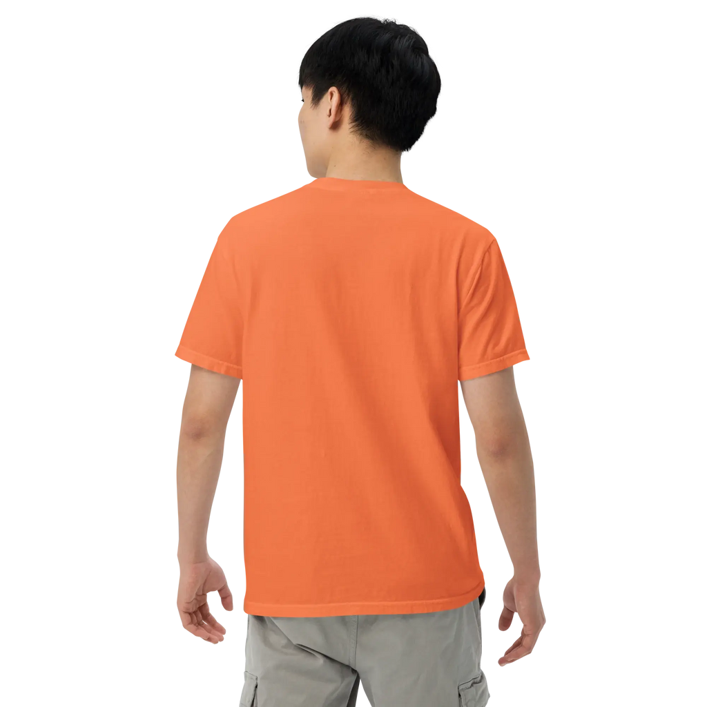 Male model wearing a burnt orange heavyweight t-shirt, back view