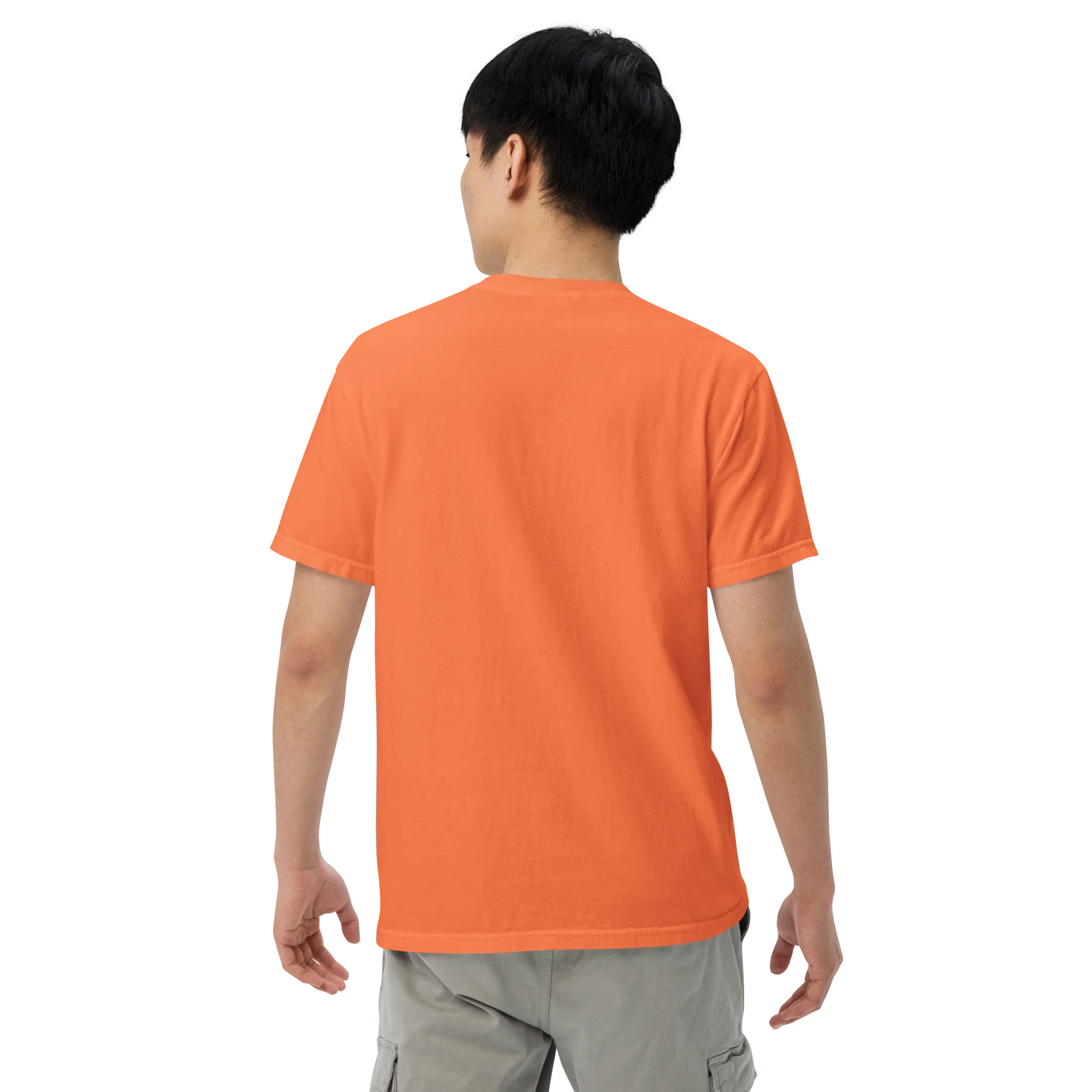 Male model wearing a burnt orange heavyweight t-shirt, back view