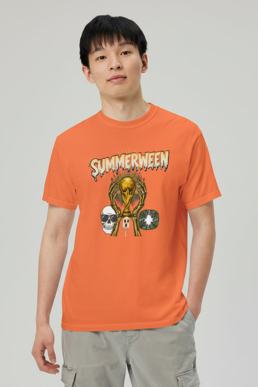 Male model wearing a burnt orange heavyweight t-shirt with a Summerween skeleton and golden trophy graphic