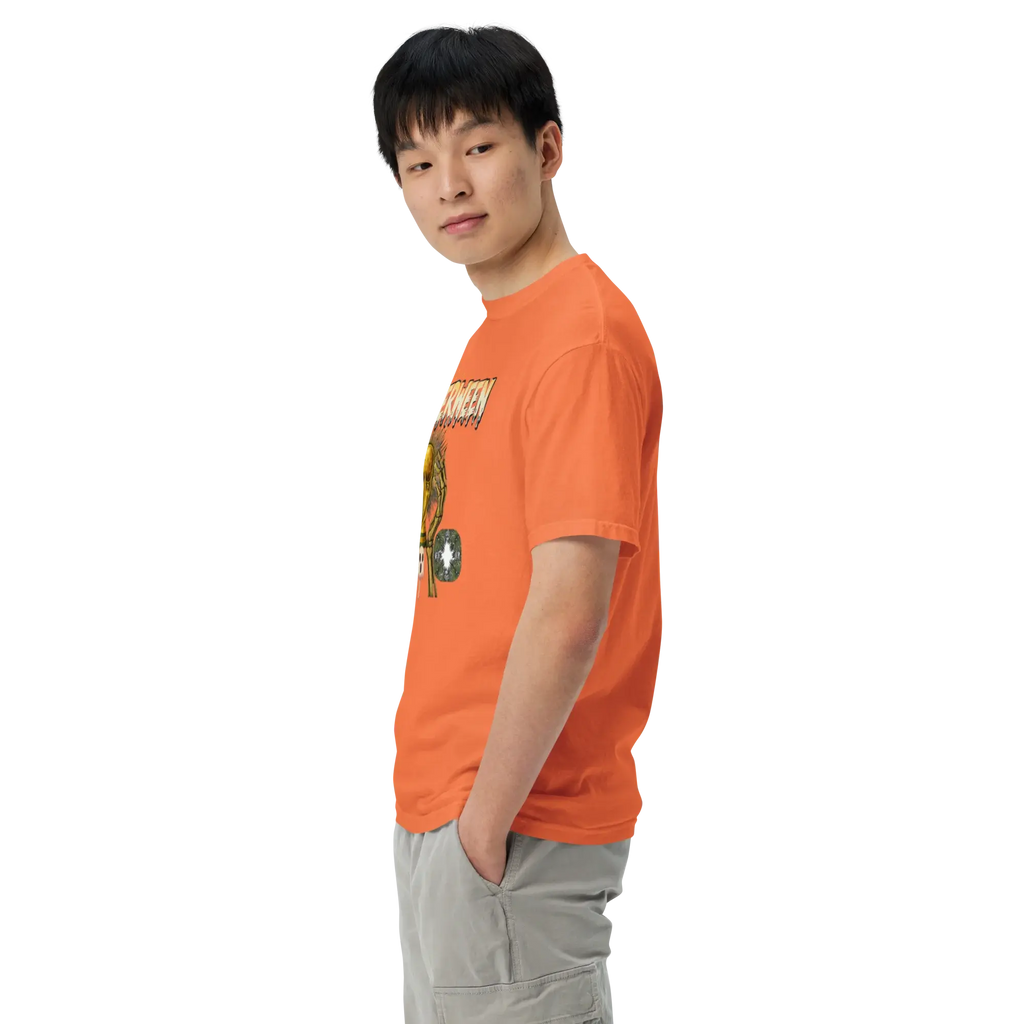 Male model wearing a burnt orange heavyweight t-shirt with a Summerween skeleton and golden trophy graphic, left side view