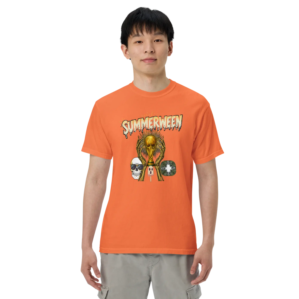 Male model wearing a burnt orange heavyweight t-shirt with a Summerween skeleton and golden trophy graphic, front view