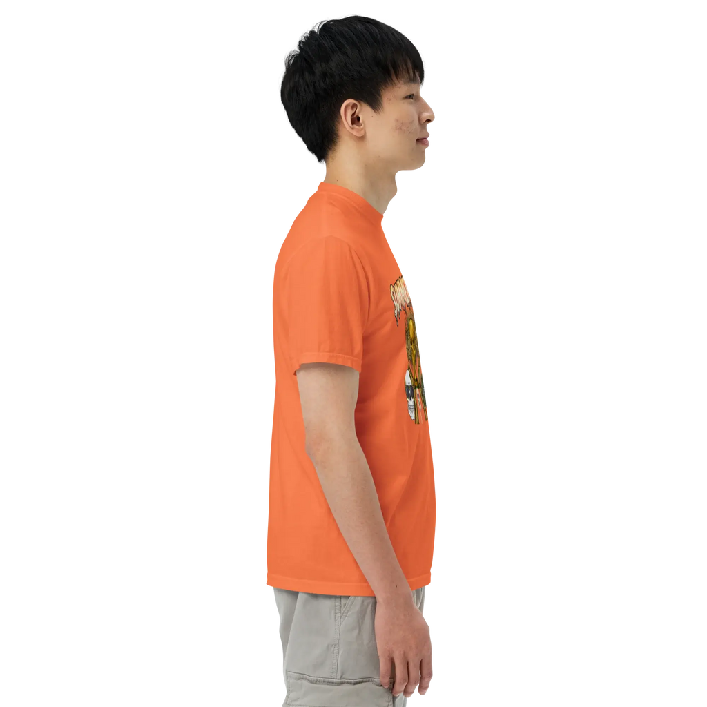 Male model wearing a burnt orange heavyweight t-shirt with a Summerween skeleton and golden trophy graphic, right side view