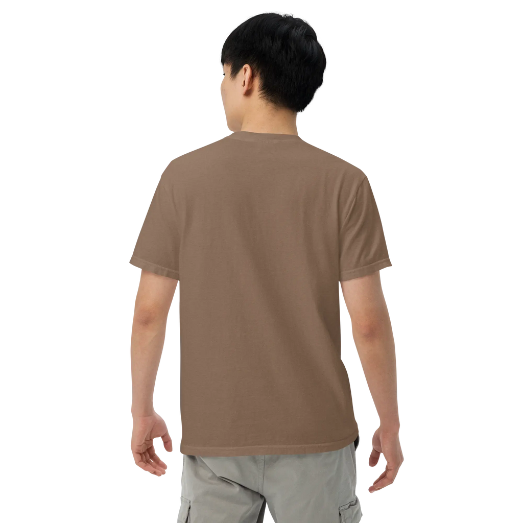 Male model wearing an espresso heavyweight t-shirt, back view