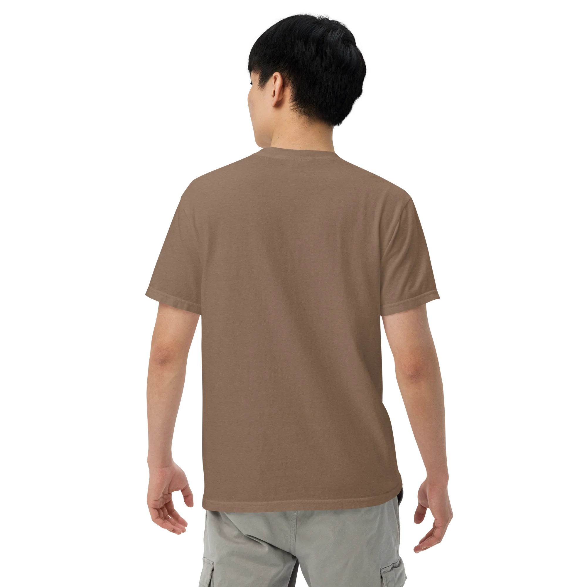 Male model wearing an espresso heavyweight t-shirt, back view