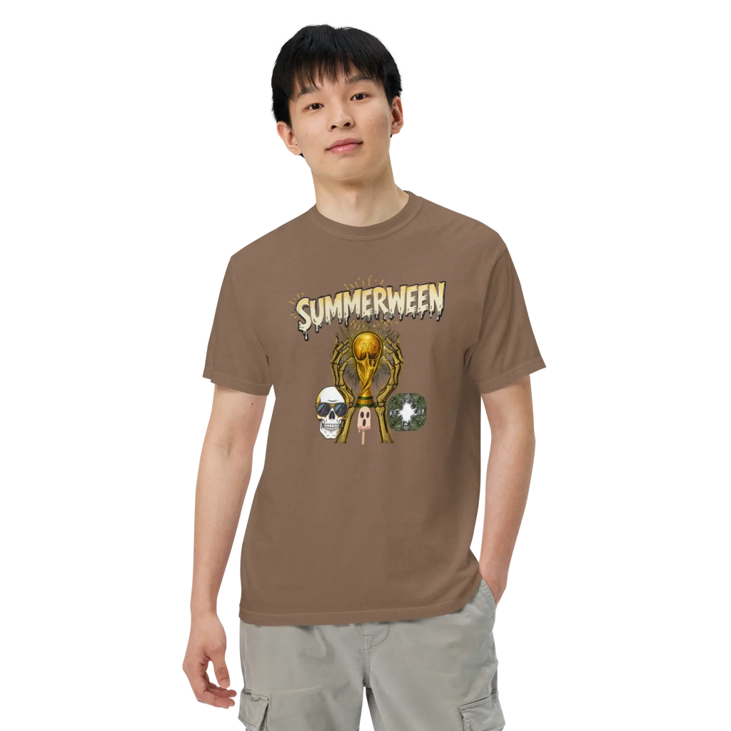 Male model wearing an espresso heavyweight t-shirt with a Summerween skeleton and golden trophy graphic, front view