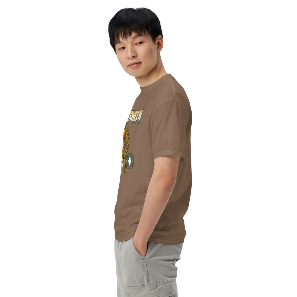 Male model wearing an espresso heavyweight t-shirt with a Summerween skeleton and golden trophy graphic, left side view
