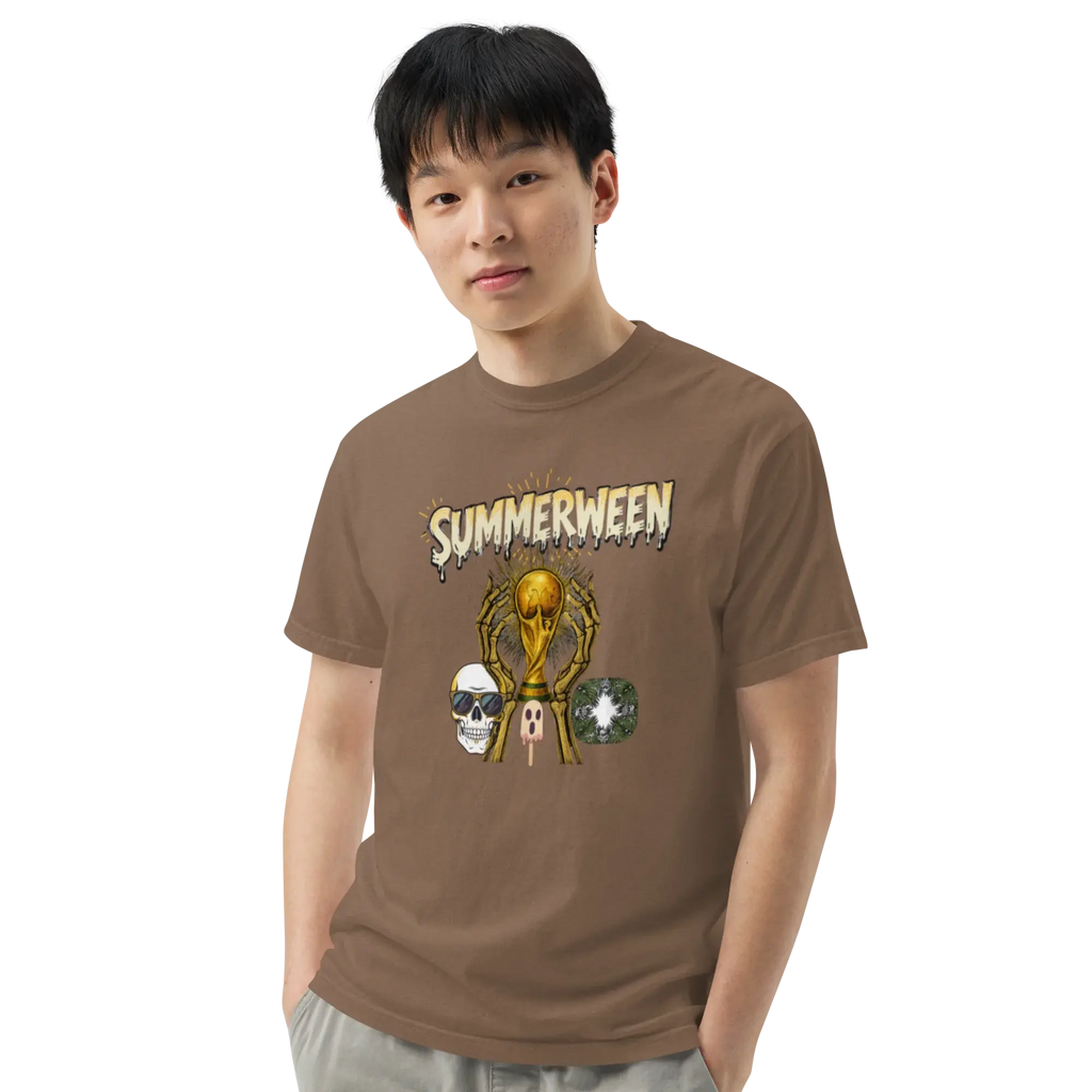 Male model wearing an espresso heavyweight t-shirt with a Summerween skeleton and golden trophy graphic, lifestyle front view