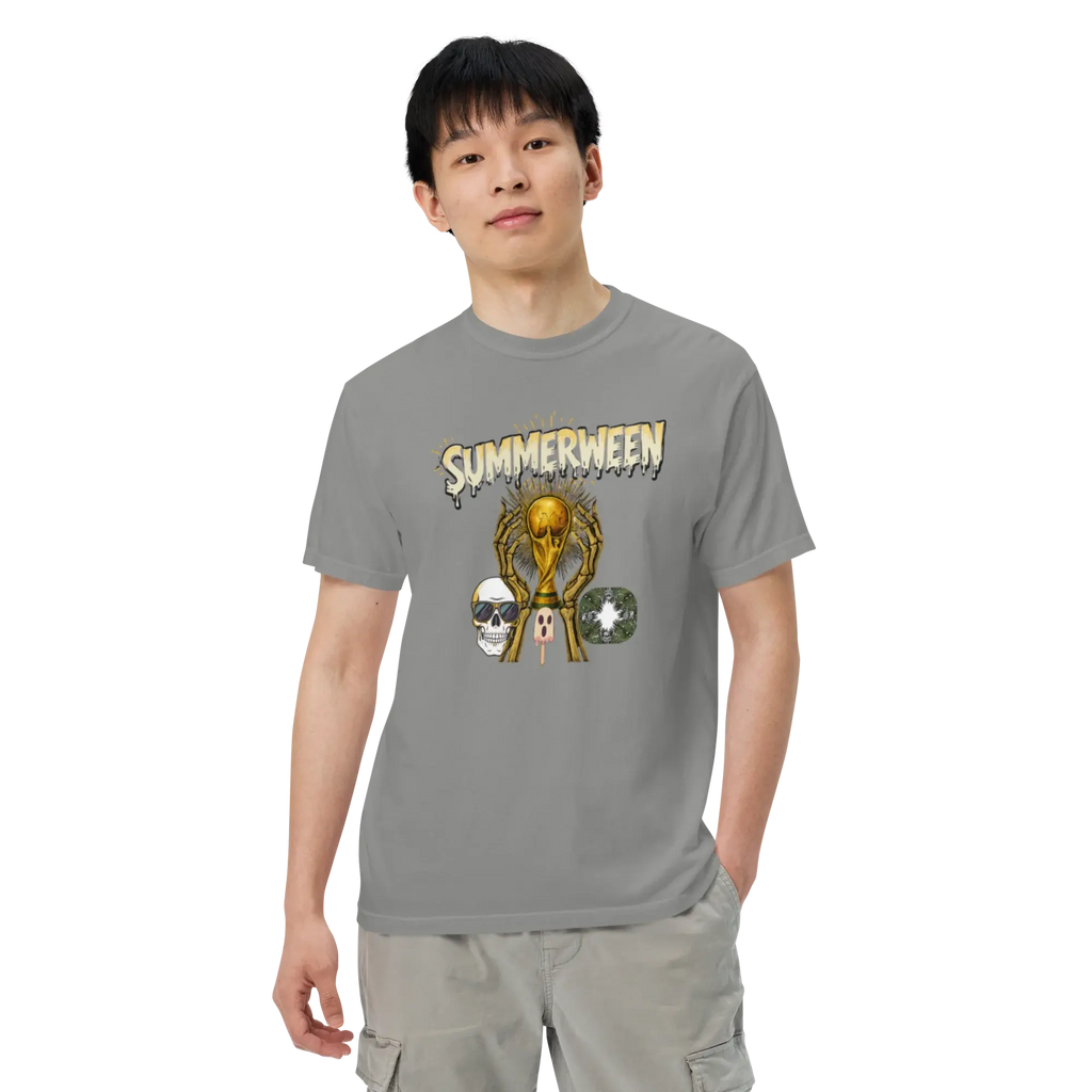 Male model wearing a grey heavyweight t-shirt with a Summerween skeleton and golden trophy graphic, front view