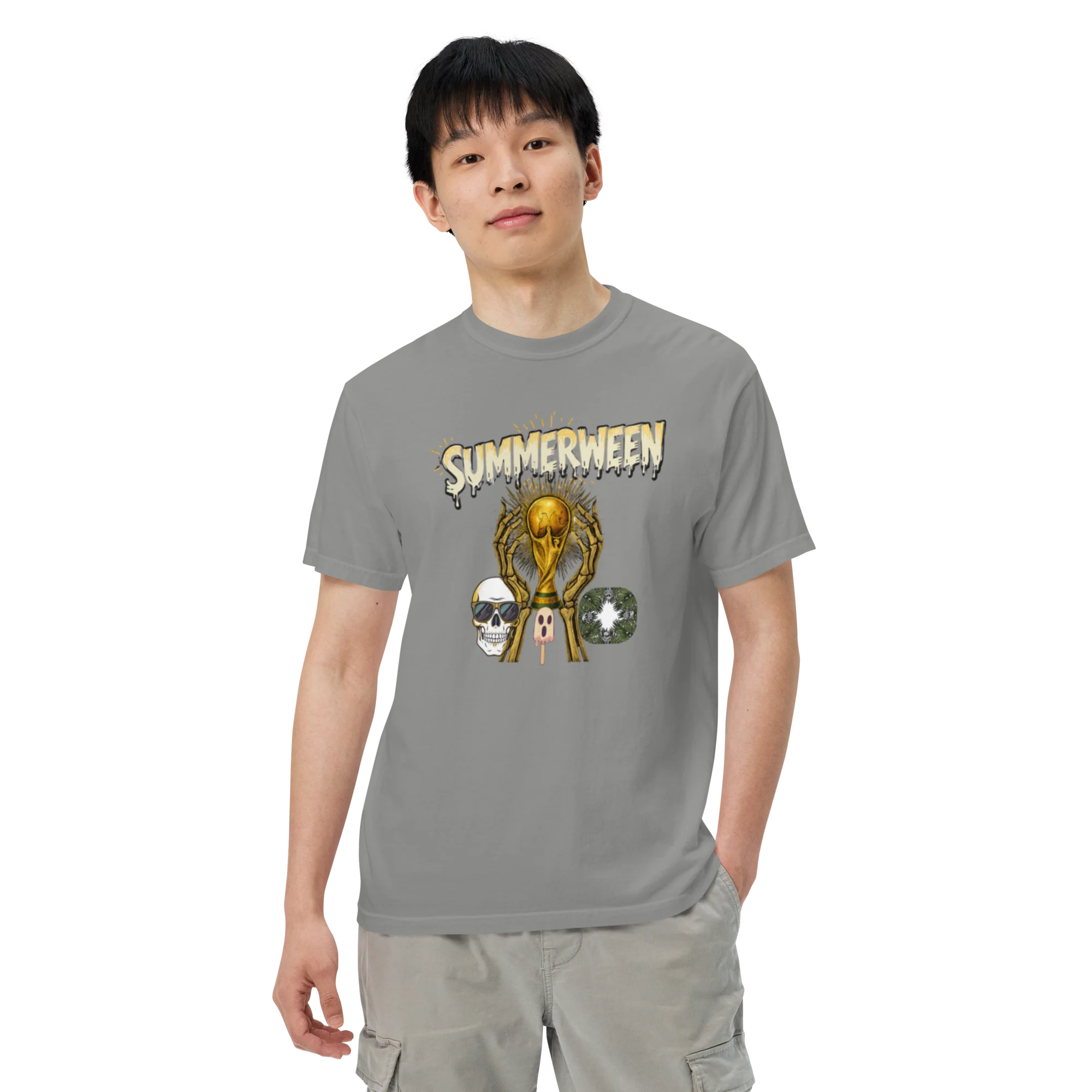 Male model wearing a grey heavyweight t-shirt with a Summerween skeleton and golden trophy graphic, front view