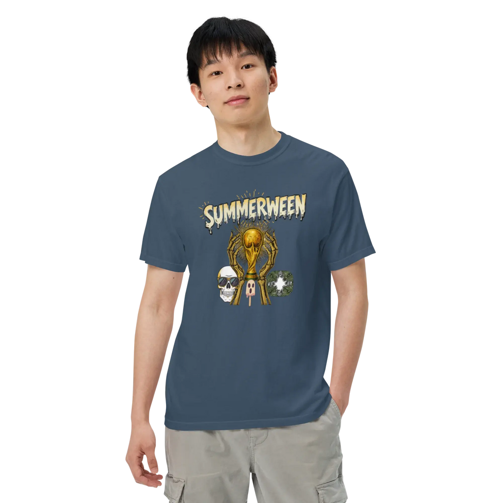 Summerween Skeleton and Trophy Graphic Unisex Garment-Dyed Heavyweight T-Shirt.