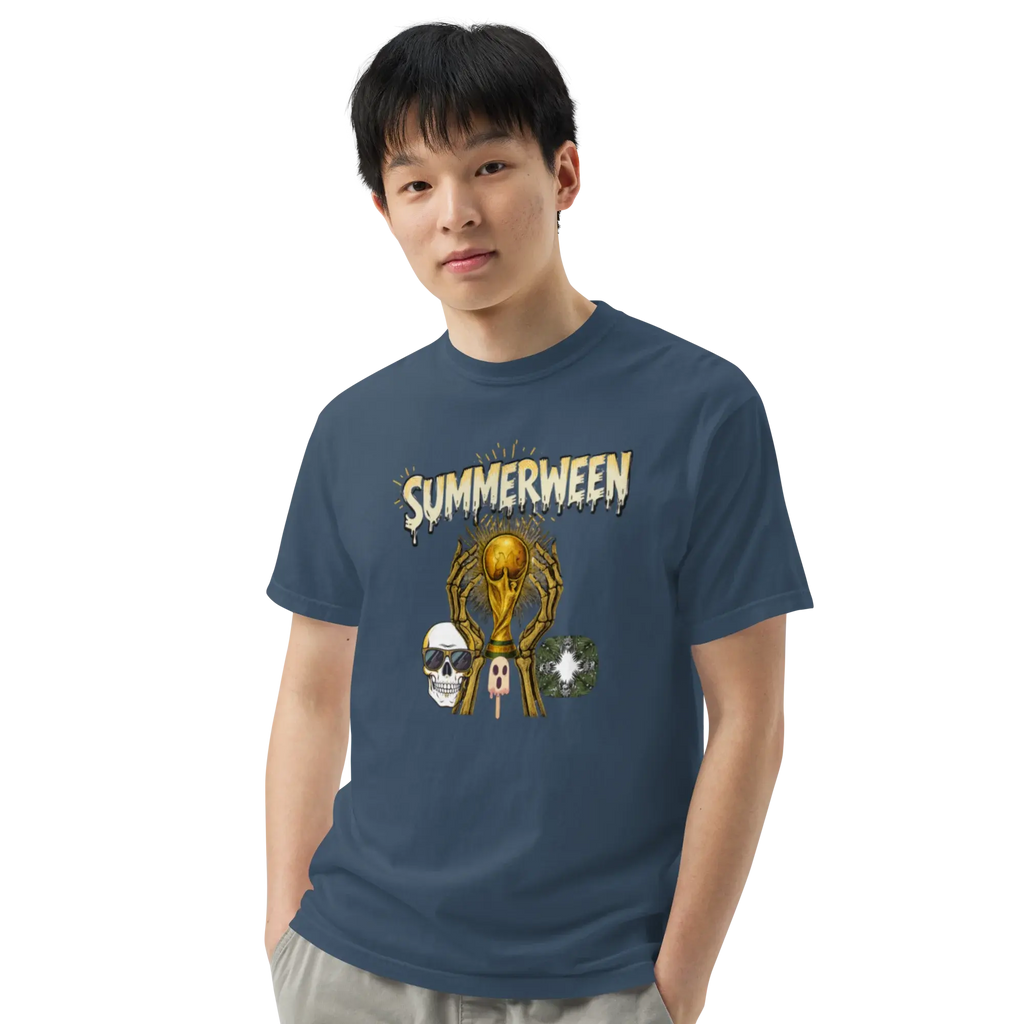 Summerween Skeleton and Trophy Graphic Unisex Garment-Dyed Heavyweight T-Shirt.