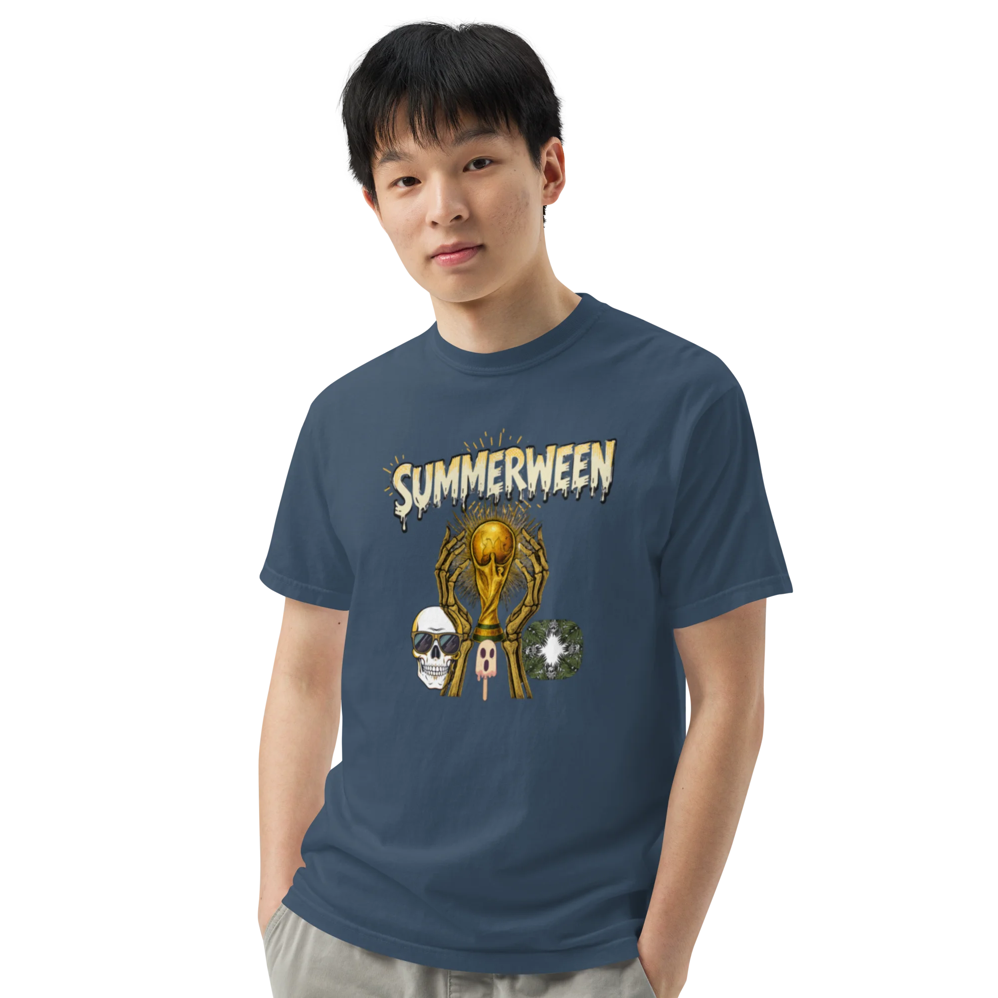 Summerween Skeleton and Trophy Graphic Unisex Garment-Dyed Heavyweight T-Shirt