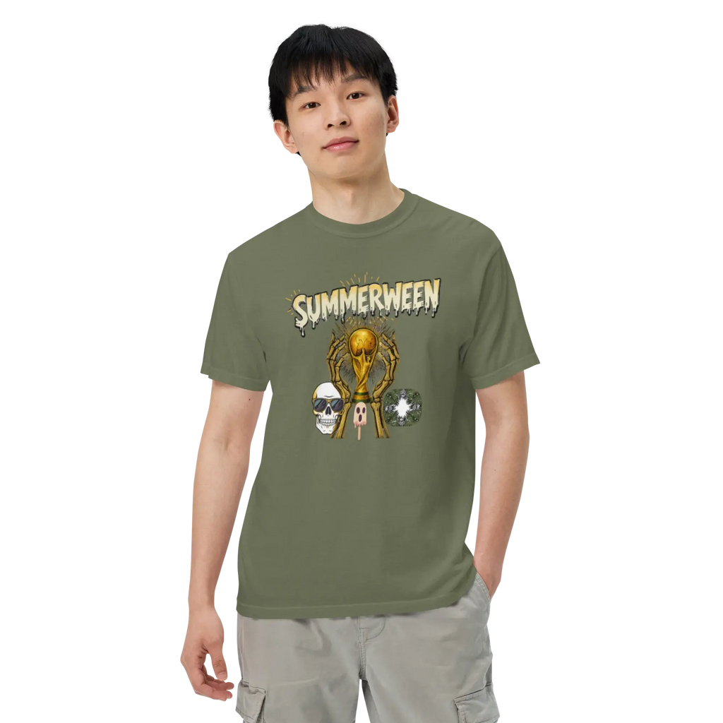 Summerween Skeleton and Trophy Graphic Unisex Garment-Dyed Heavyweight T-Shirt.