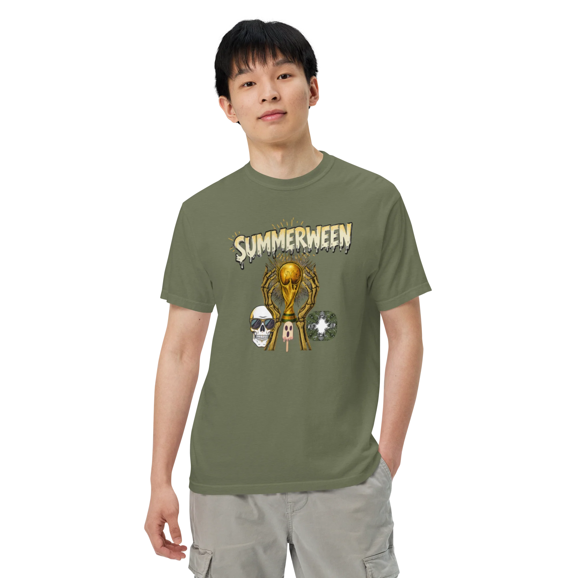 Summerween Skeleton and Trophy Graphic Unisex Garment-Dyed Heavyweight T-Shirt