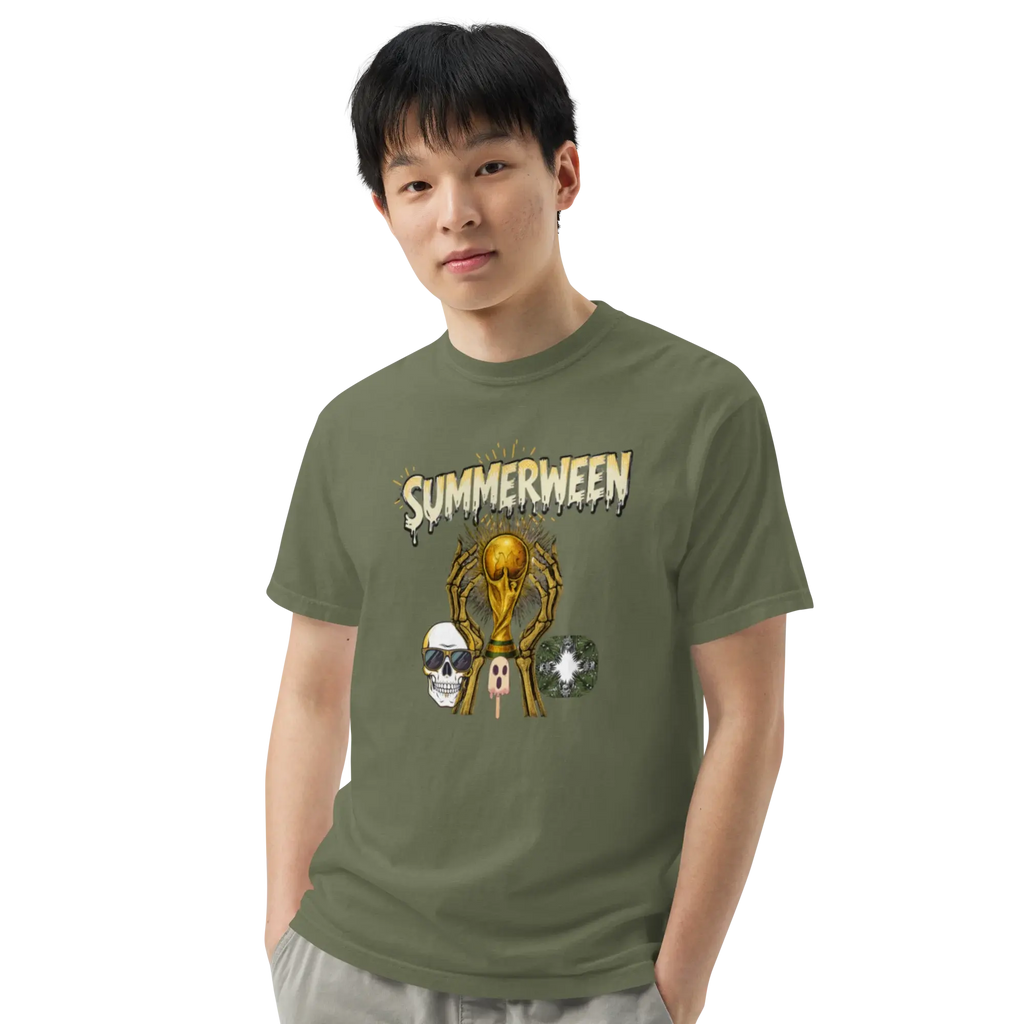 Summerween Skeleton and Trophy Graphic Unisex Garment-Dyed Heavyweight T-Shirt.