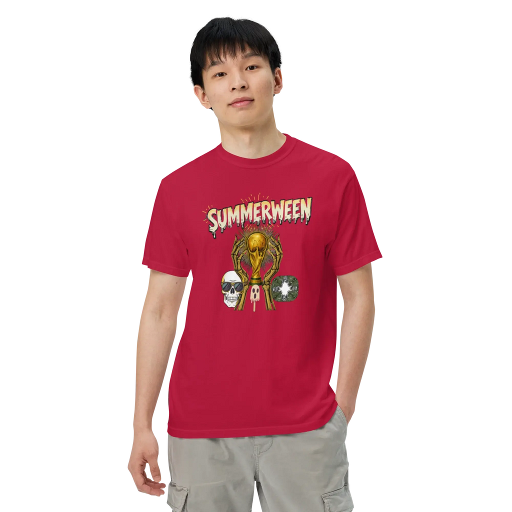 Summerween Skeleton and Trophy Graphic Unisex Garment-Dyed Heavyweight T-Shirt.