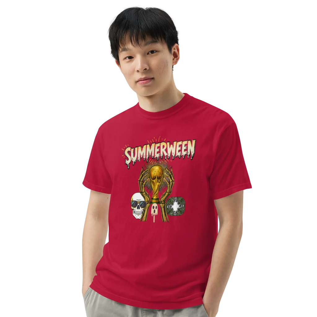 Summerween Skeleton and Trophy Graphic Unisex Garment-Dyed Heavyweight T-Shirt.