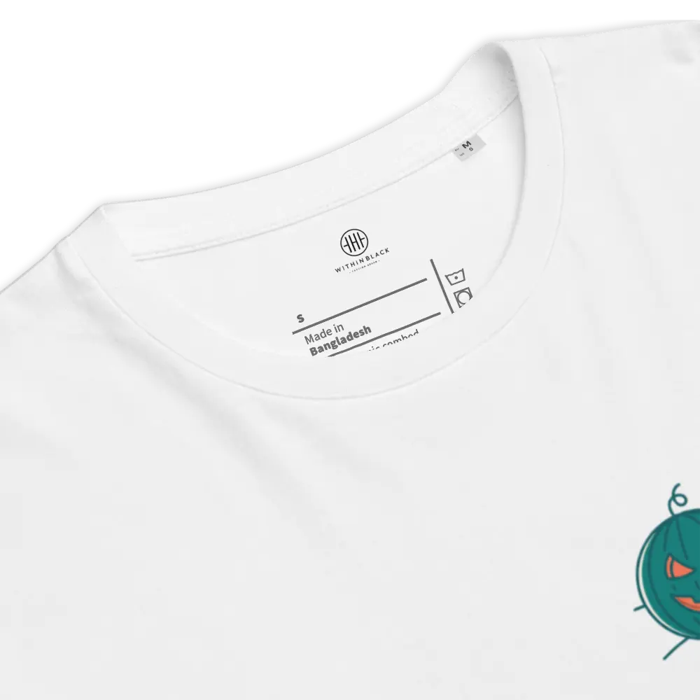 Close-up shot of the inner neck label on a white organic cotton unisex t-shirt, displaying the printed whitinblack logo and 'Made in Bangladesh' text, with a partial view of the Summerween green jack-o-lantern graphic visible on the chest.