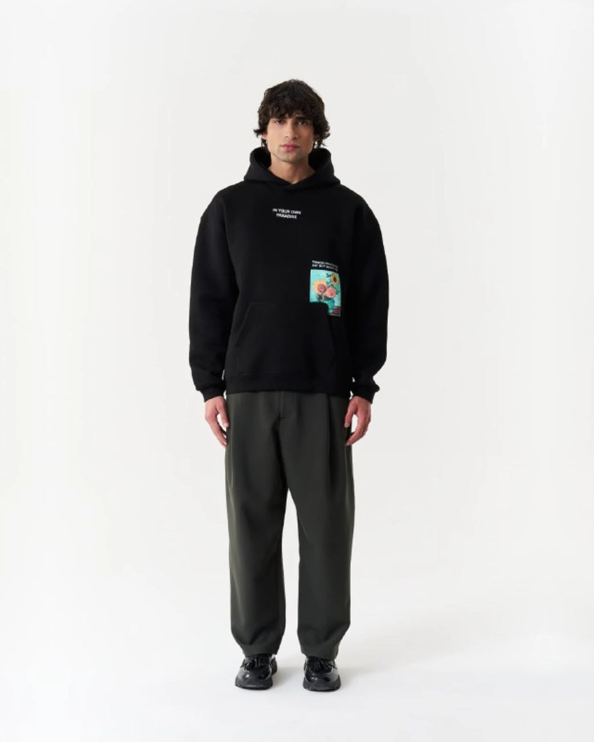 Van Gogh Wheatfield Paradise Oversized Hoodie in Black - front view
