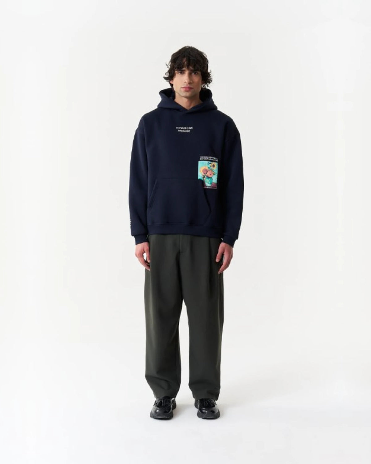 Van Gogh Wheatfield Paradise Oversized Hoodie in Navy - front view