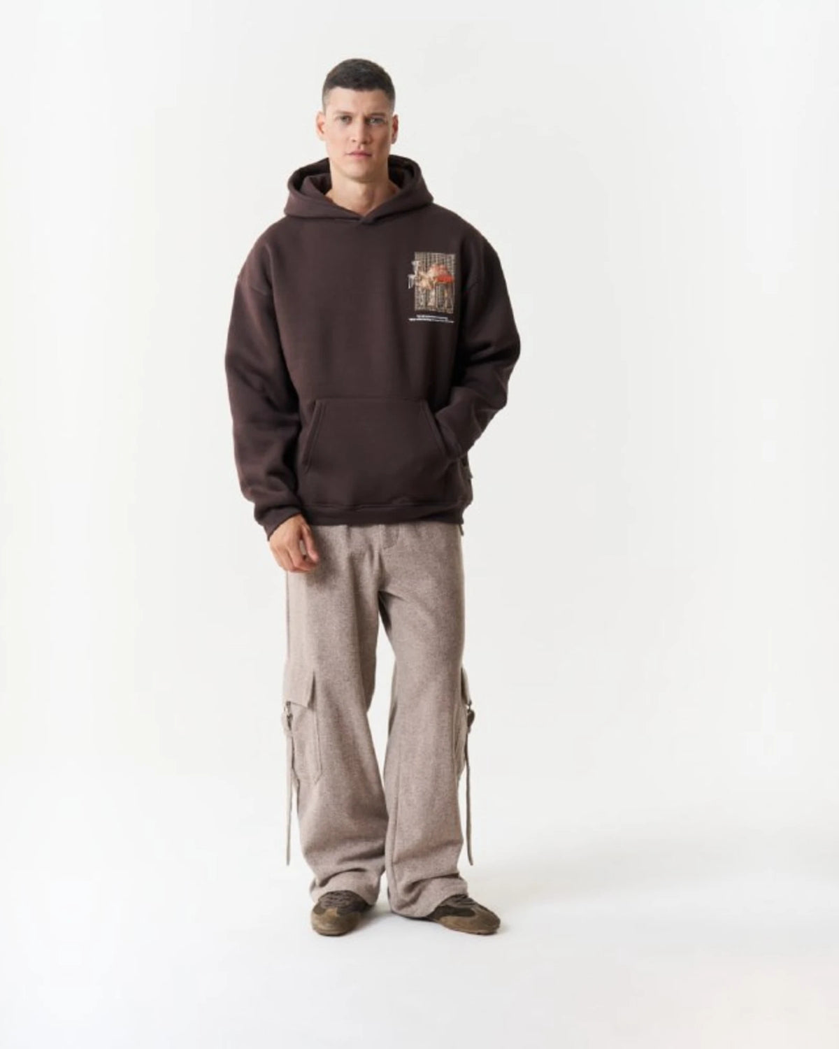 Camel Woven Grid Art Oversized Hoodie in Brown - front view