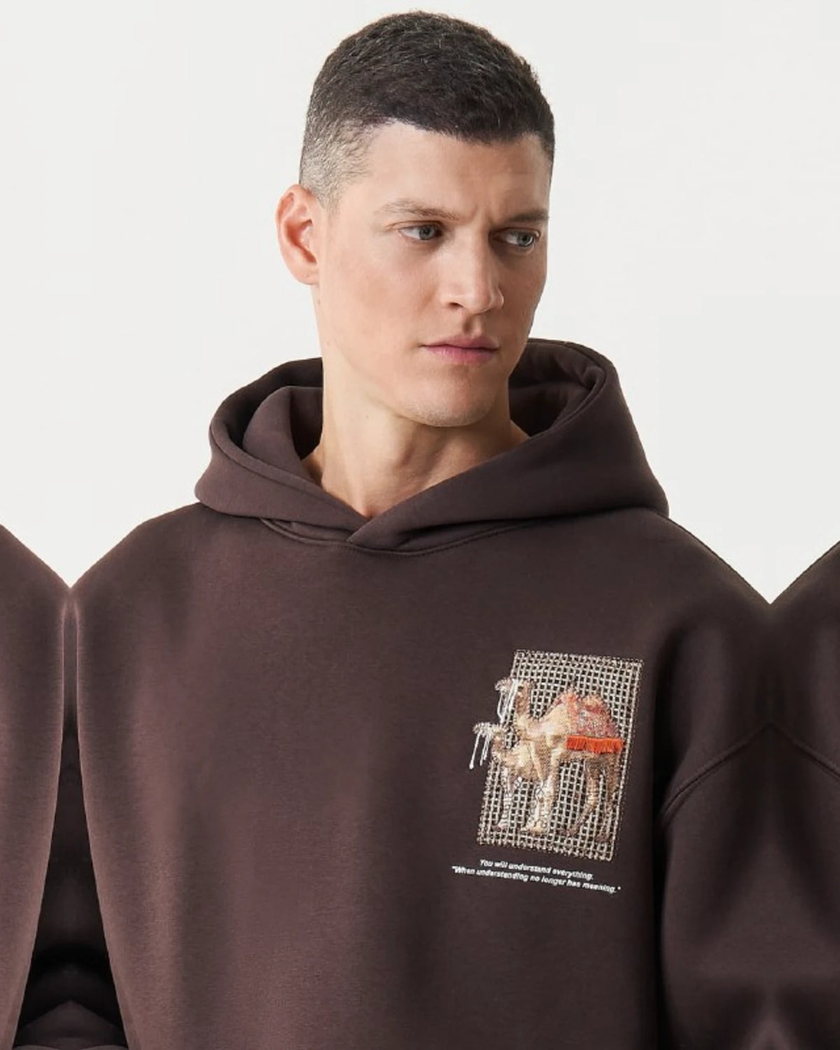 Camel Woven Grid Art Oversized Hoodie in Brown - detail