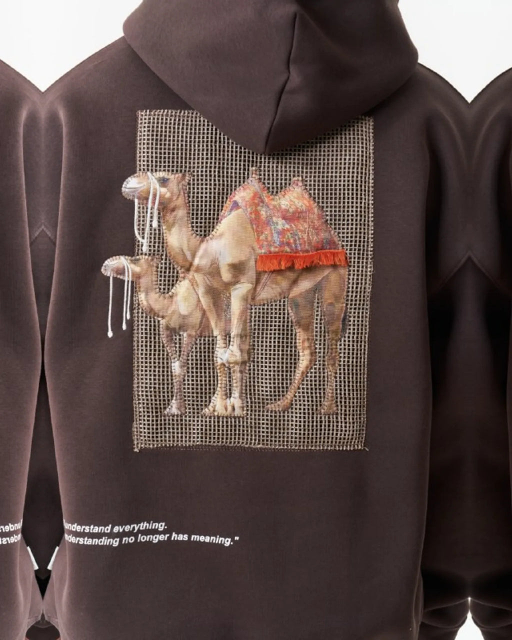 Camel Woven Grid Art Oversized Hoodie in Brown - back view