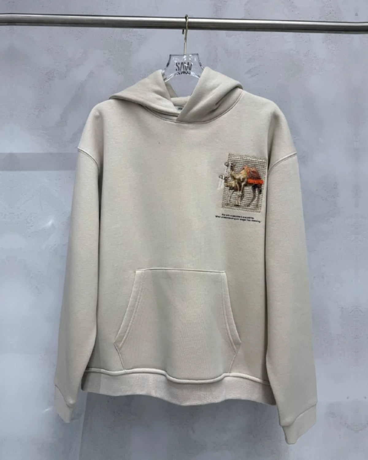 Camel Woven Grid Art Oversized Hoodie in Beige - front view